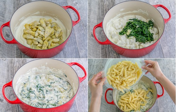 Четвертая фотография к инструкции по приготовлению рецепта Паста со шпинатом и артишоками